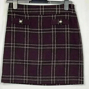 Loft Womens Mini Skirt Burgundy Gray 2P Faux Buttons Side Zip Lined Wool Pencil